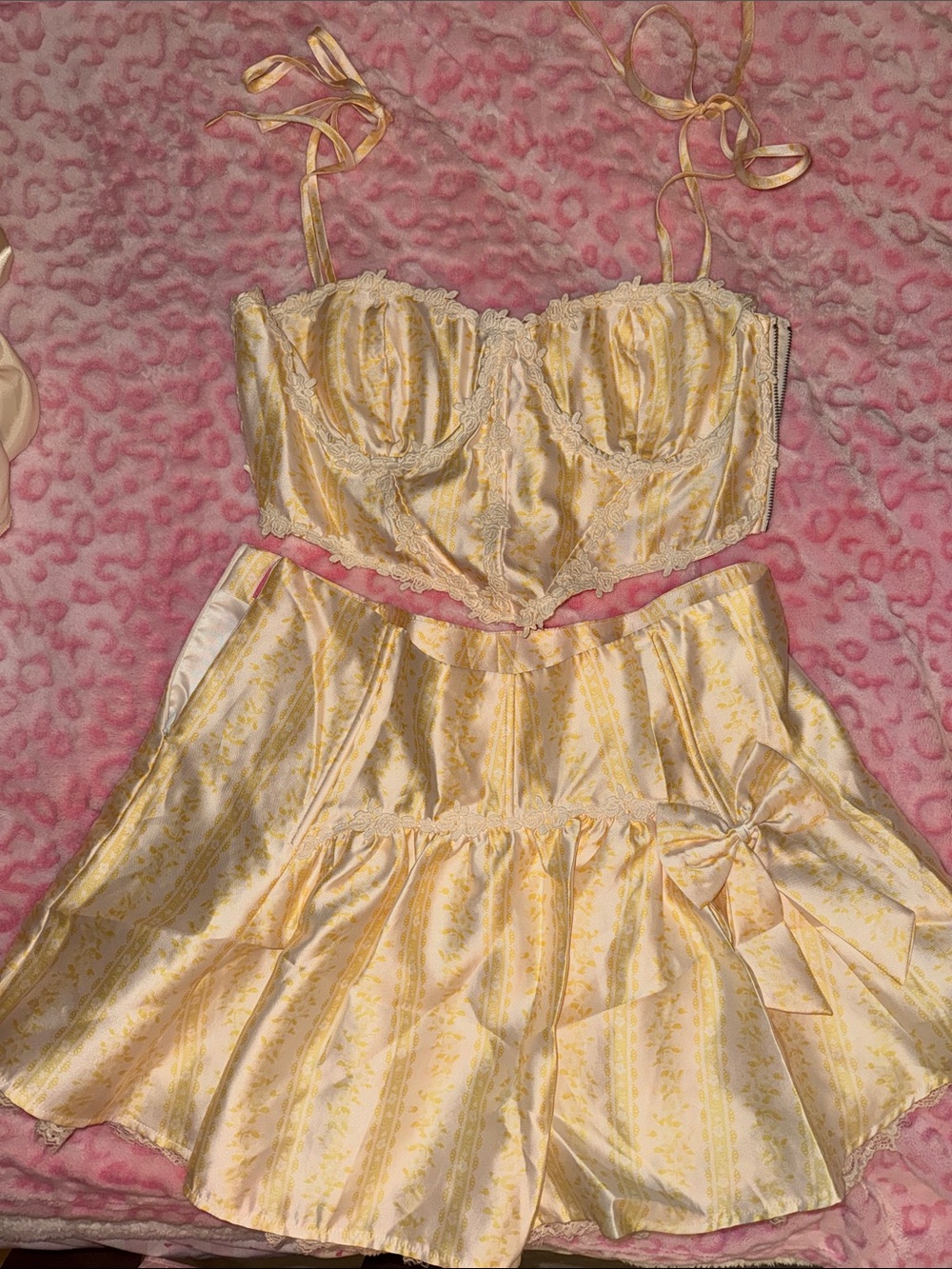 Sugar Thrillz Pale Yellow Satin Lace Two-Piece Chemise Set